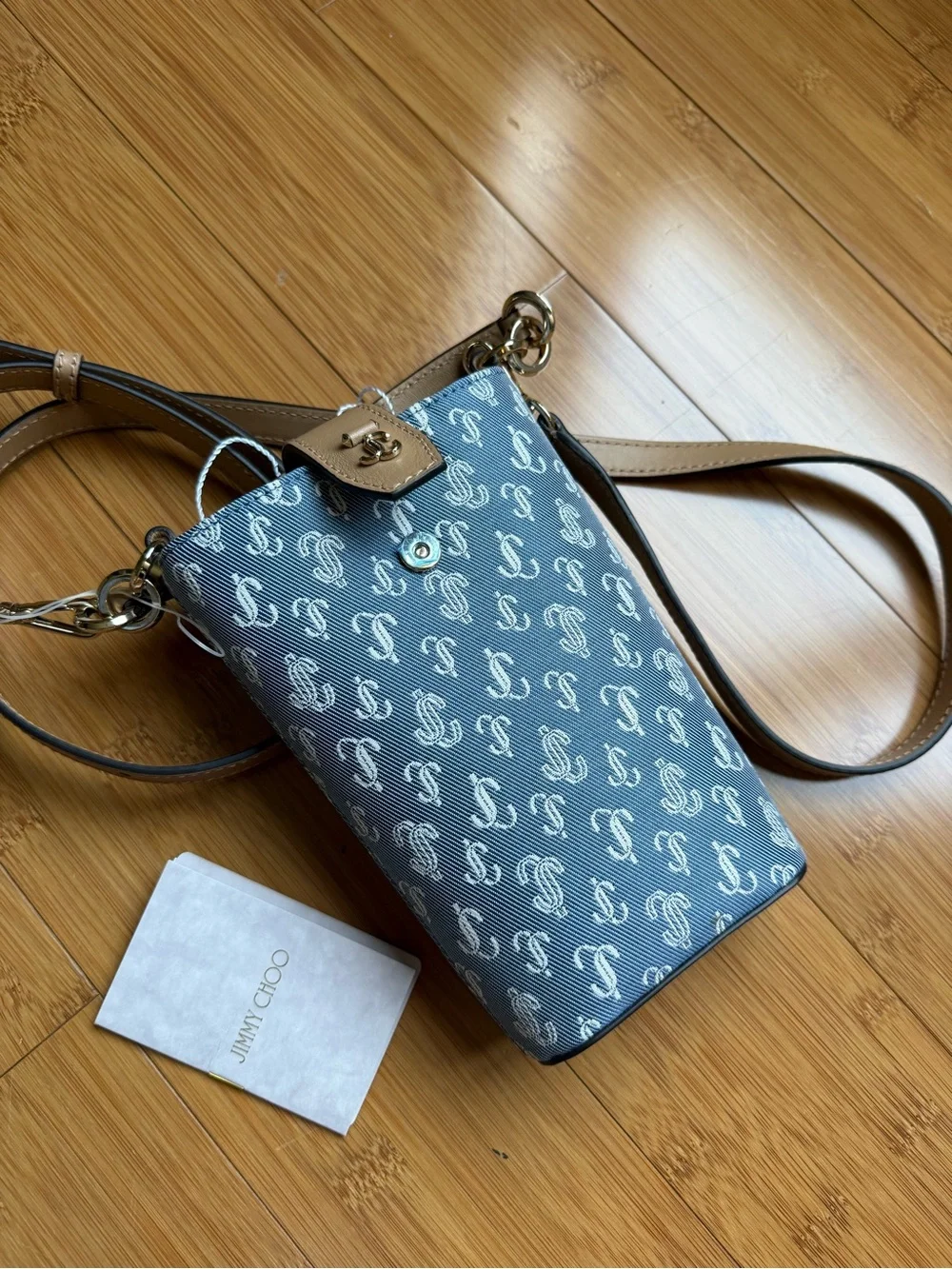 Jimmy Choo Blue Monogram Crossbody with Tan Trim
